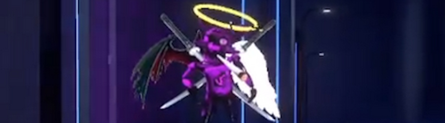 foxy the pirate but hes evil and glowing purple and has one angel wing and one devil wing and a broken halo and two samurai swords and hes smoking a blunt